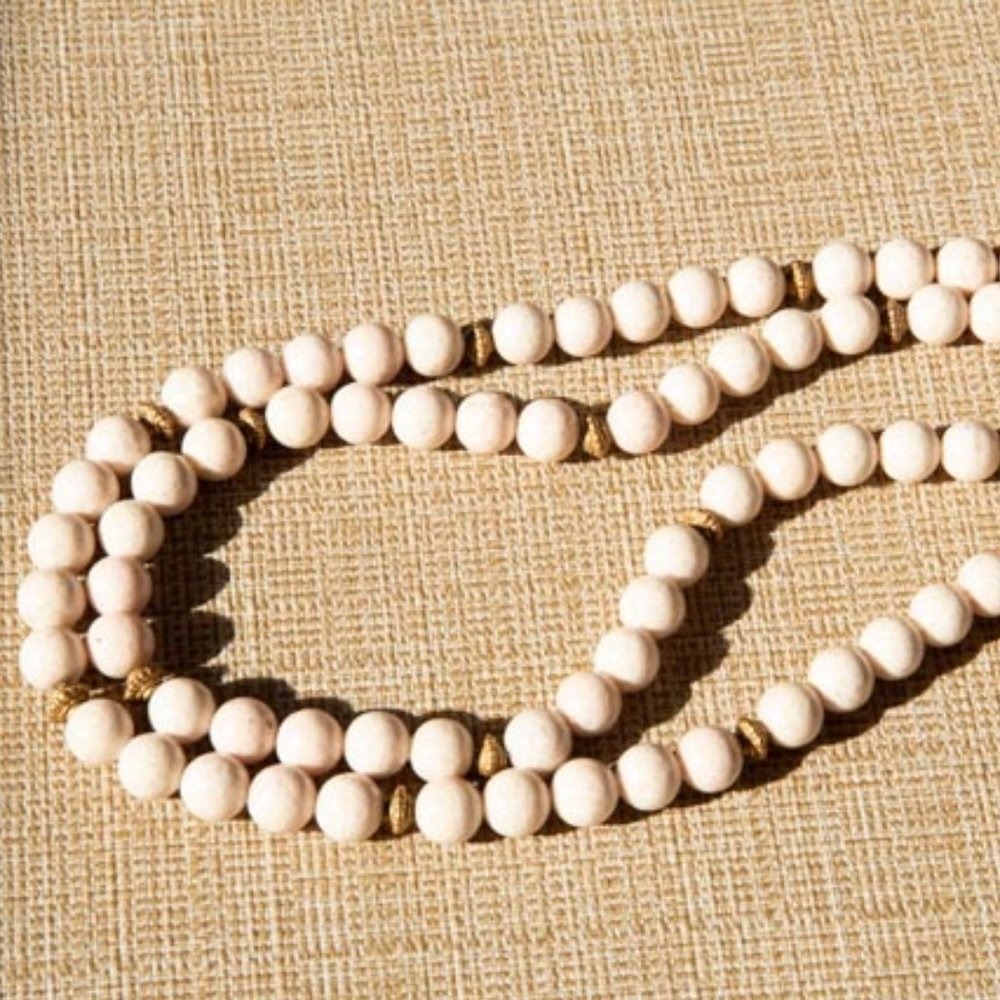 VIN Round Blush Rose Agatized Coral Beads w. Gold Accents Double Strand Necklace